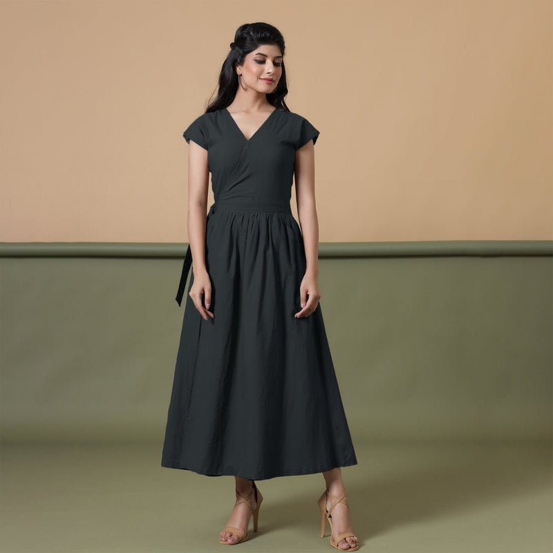 Reversible Black Tie-Dye Cotton V-Neck Maxi Wrap Dress