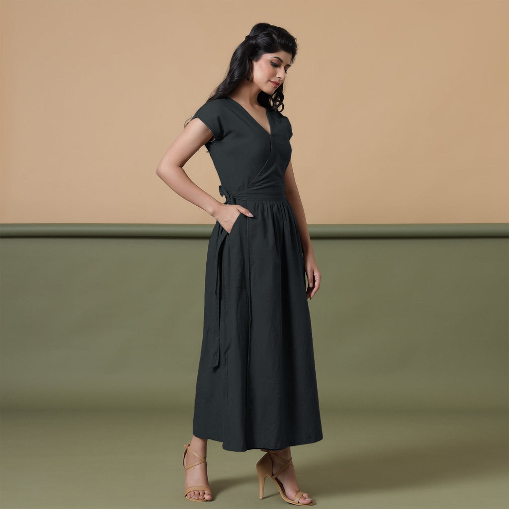 Reversible Black Tie-Dye Cotton V-Neck Maxi Wrap Dress