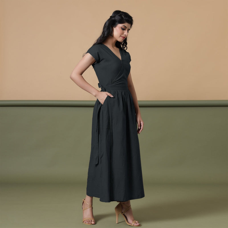 Reversible Black Tie-Dye Cotton V-Neck Maxi Wrap Dress