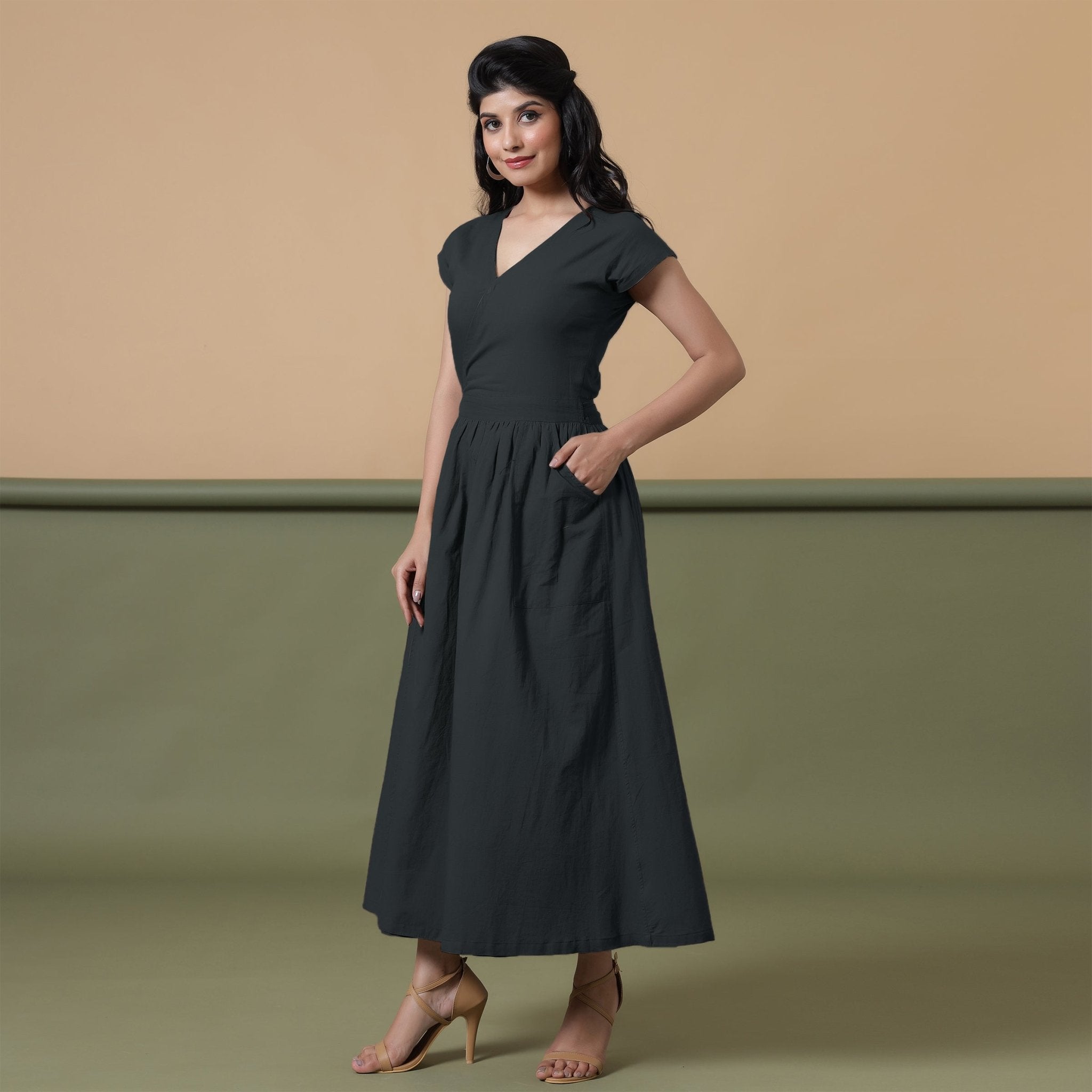 Reversible Black Tie-Dye Cotton V-Neck Maxi Wrap Dress