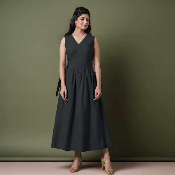 Reversible Black Tie-Dye Cotton V-Neck Sleeveless Maxi Wrap Dress