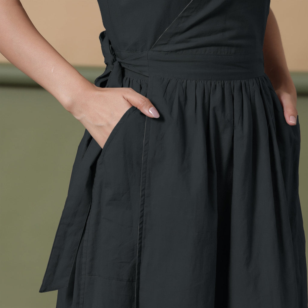 Reversible Black Tie-Dye Cotton V-Neck Sleeveless Maxi Wrap Dress