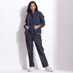 Front View of a Model wearing Reversible Blue Red Warm Cotton Waffle Bomber Jacket