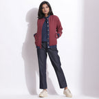 Front View of a Model wearing Reversible Blue Red Warm Cotton Waffle Bomber Jacket