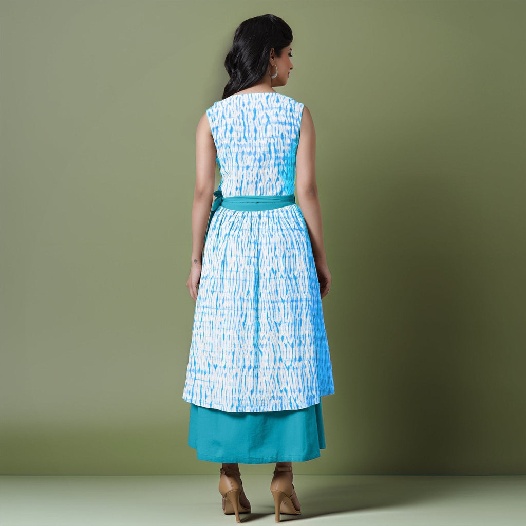 Reversible Blue Tie-Dye Cotton V-Neck Sleeveless Maxi Wrap Dress