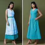 Reversible Blue Tie-Dye Cotton V-Neck Sleeveless Maxi Wrap Dress