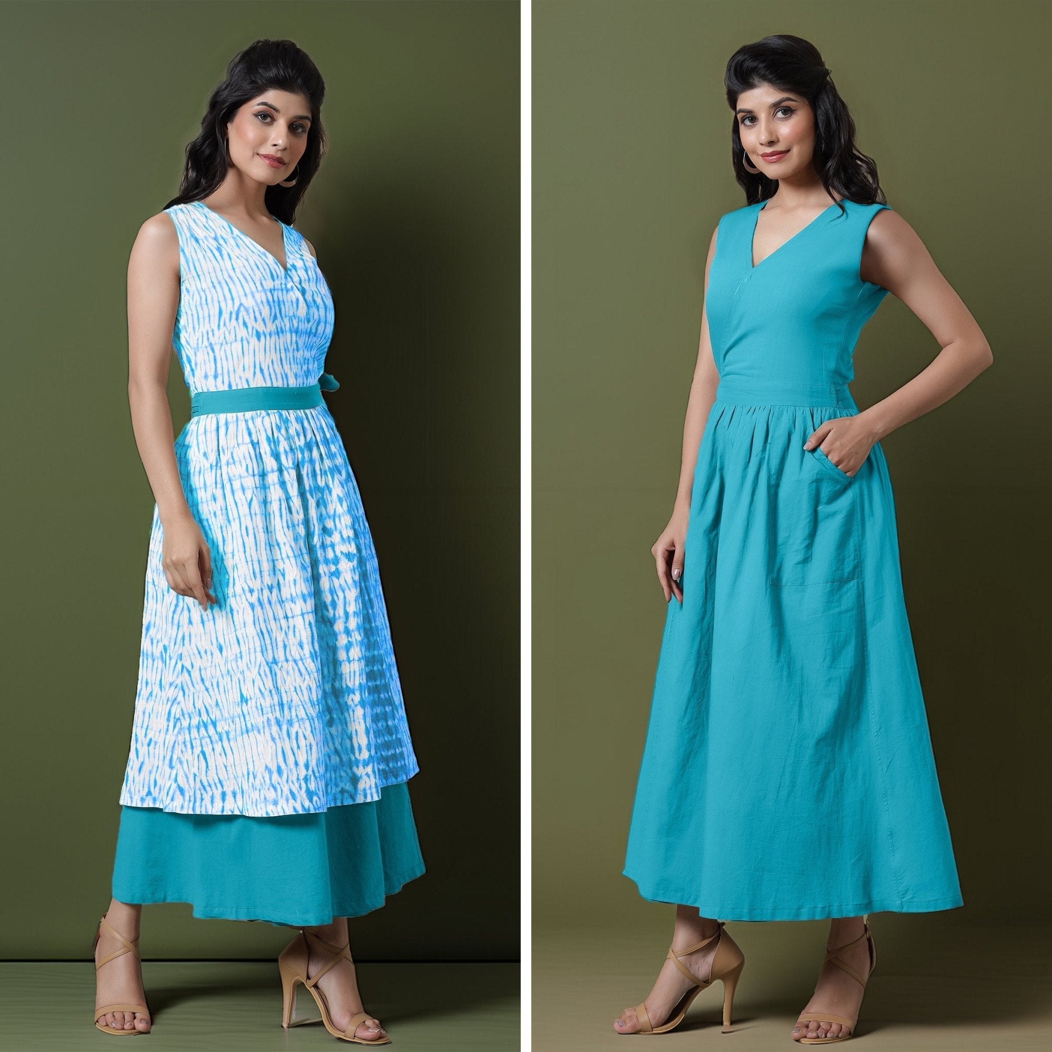 Reversible Blue Tie-Dye Cotton V-Neck Sleeveless Maxi Wrap Dress
