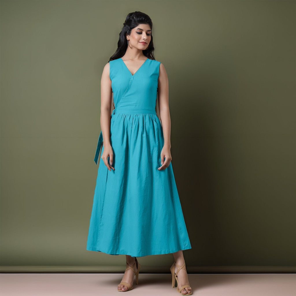 Reversible Blue Tie-Dye Cotton V-Neck Sleeveless Maxi Wrap Dress