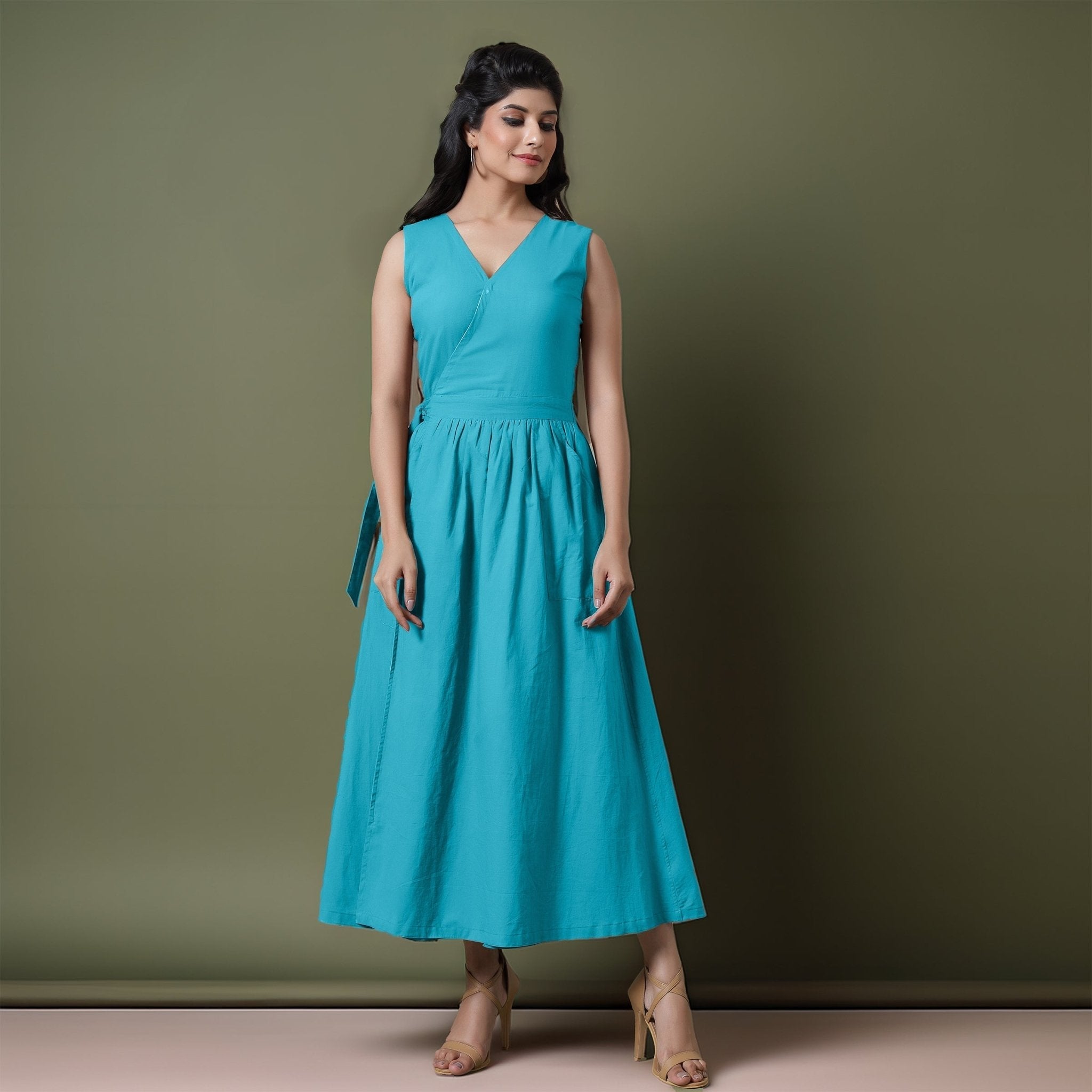 Reversible Blue Tie-Dye Cotton V-Neck Sleeveless Maxi Wrap Dress
