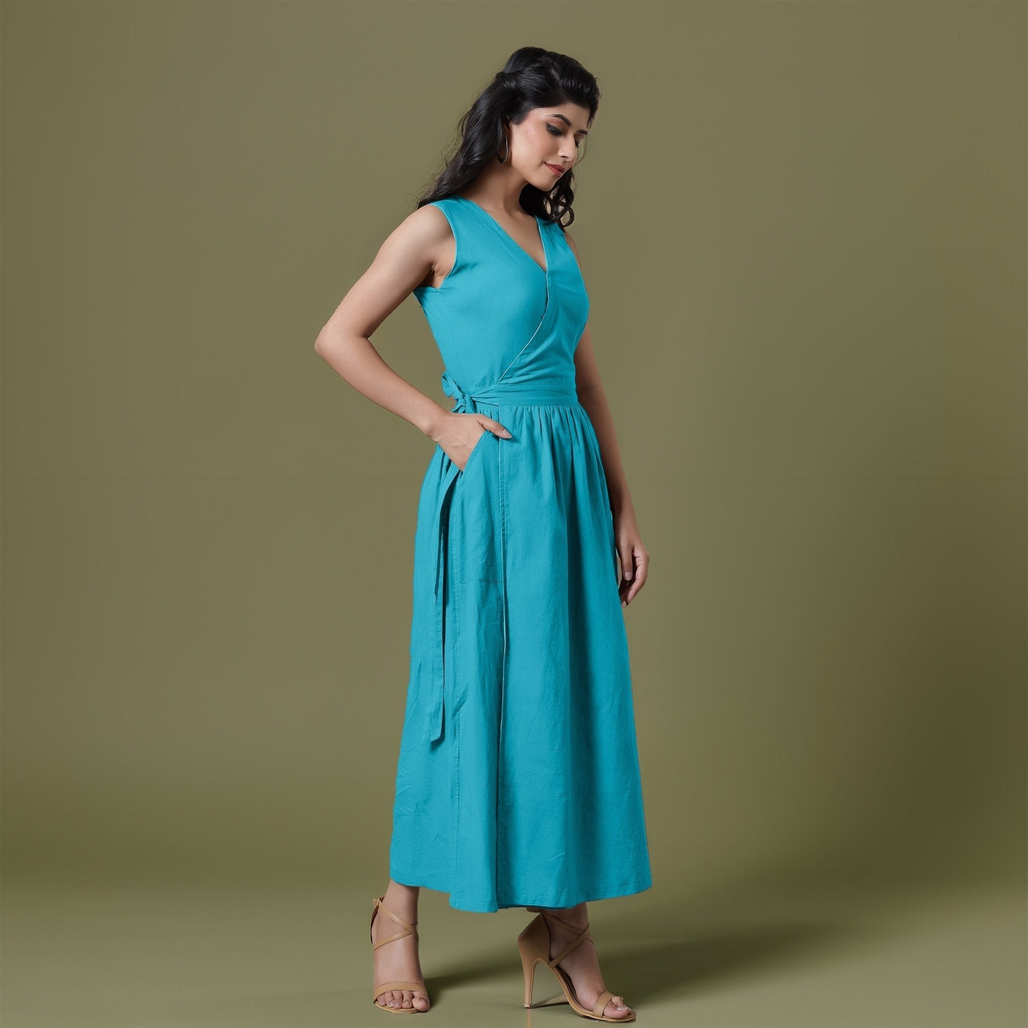 Reversible Blue Tie-Dye Cotton V-Neck Sleeveless Maxi Wrap Dress