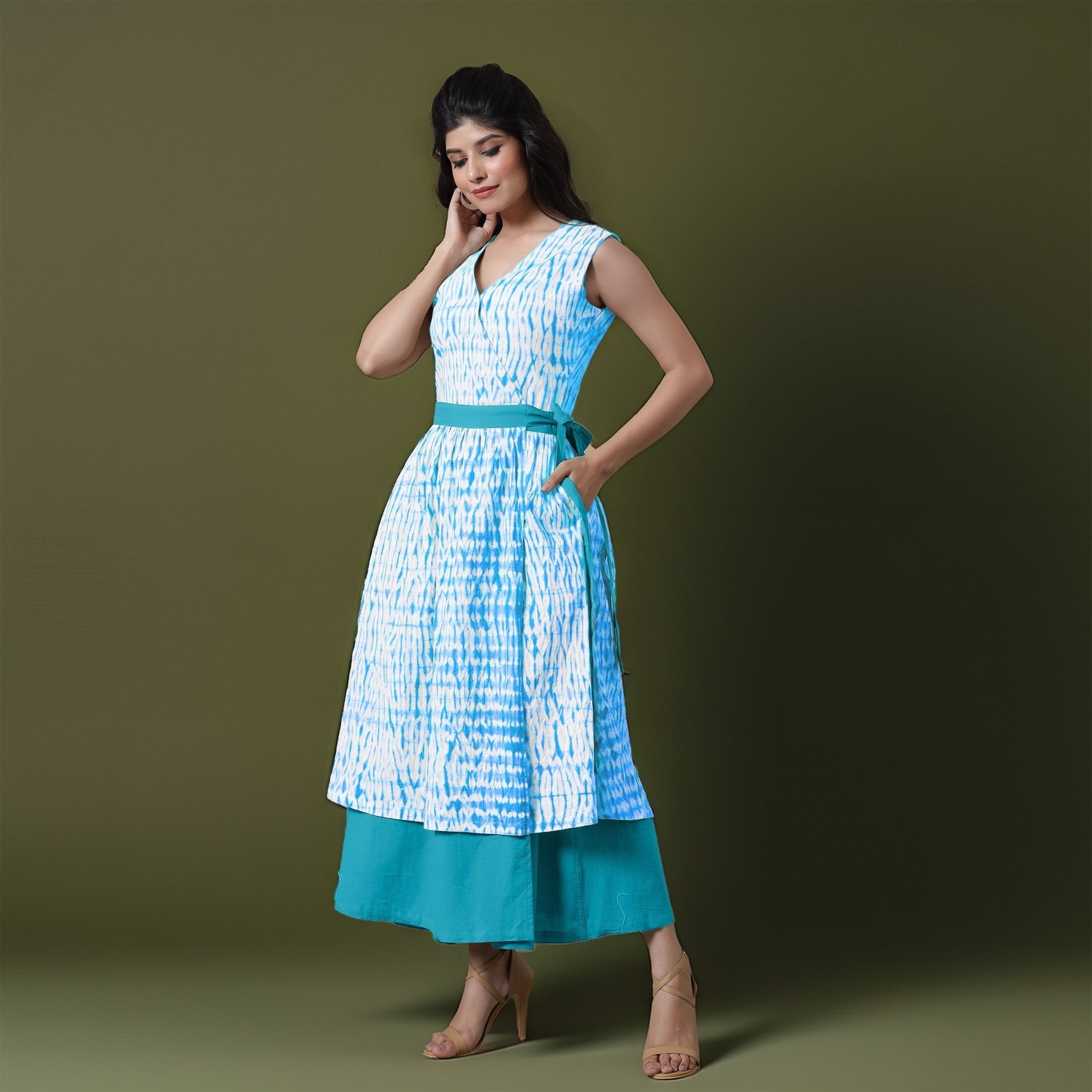 Reversible Blue Tie-Dye Cotton V-Neck Sleeveless Maxi Wrap Dress