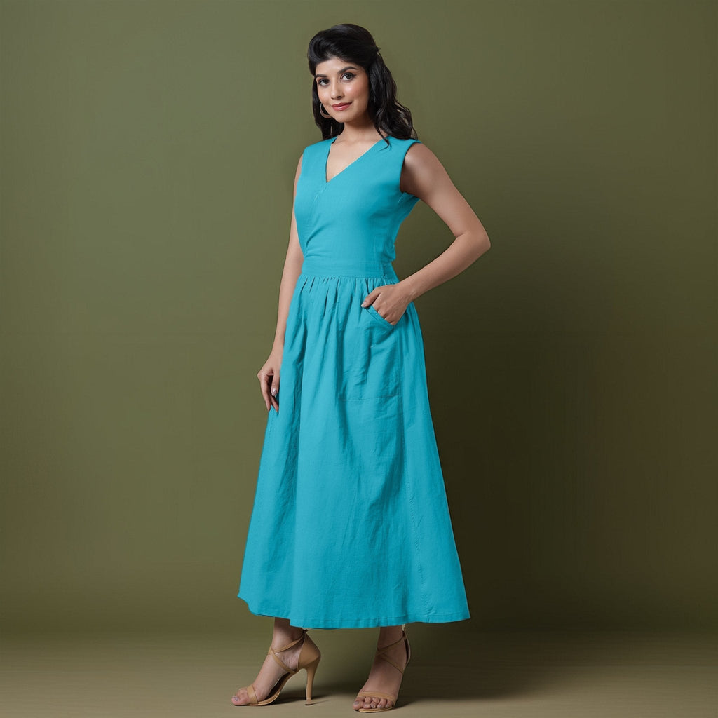 Reversible Blue Tie-Dye Cotton V-Neck Sleeveless Maxi Wrap Dress