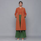 Front View of a Model wearing Reversible Convertible Corduroy Button Down Jacket Dress