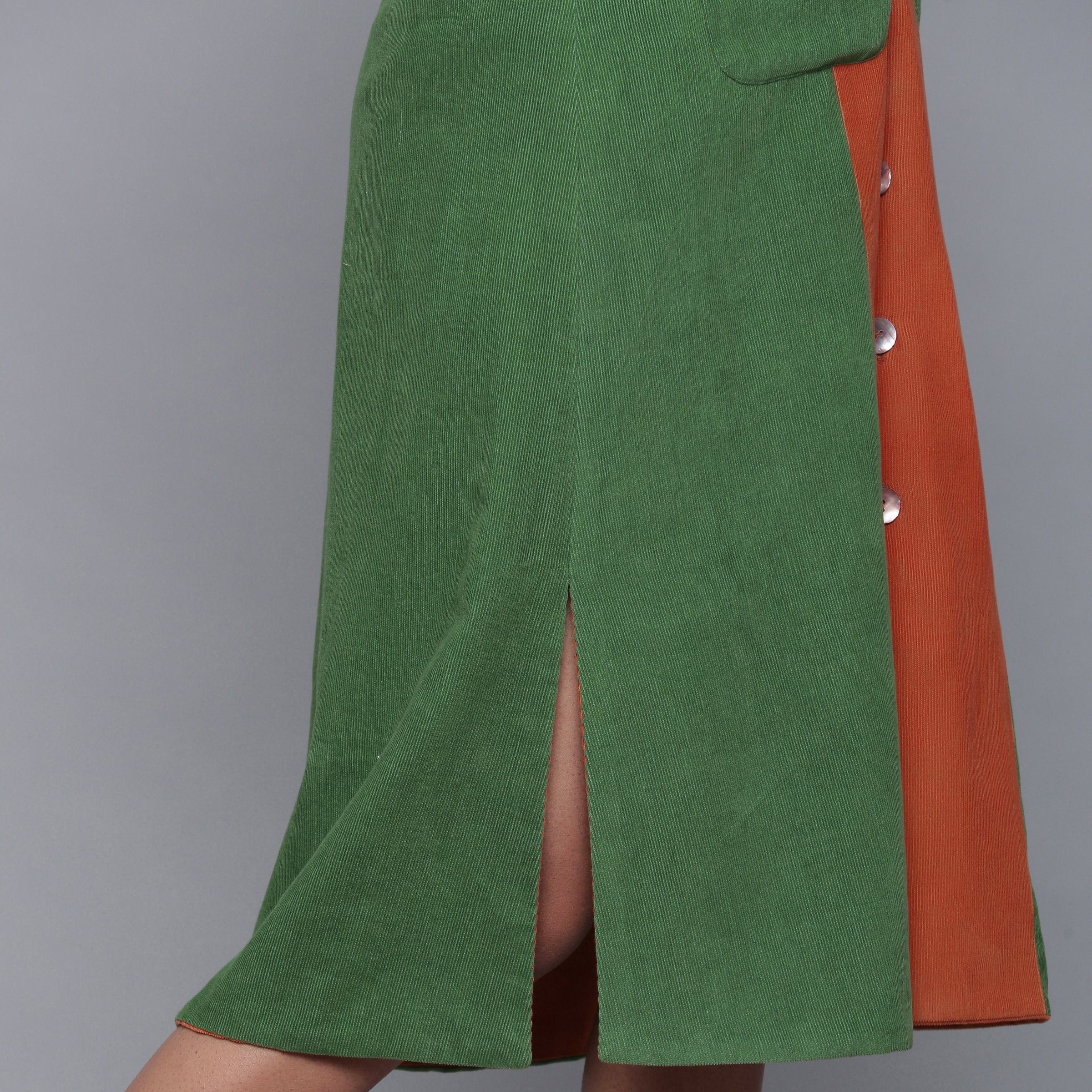 Right Detail of a Model wearing Reversible Convertible Corduroy Button Down Jacket Dress