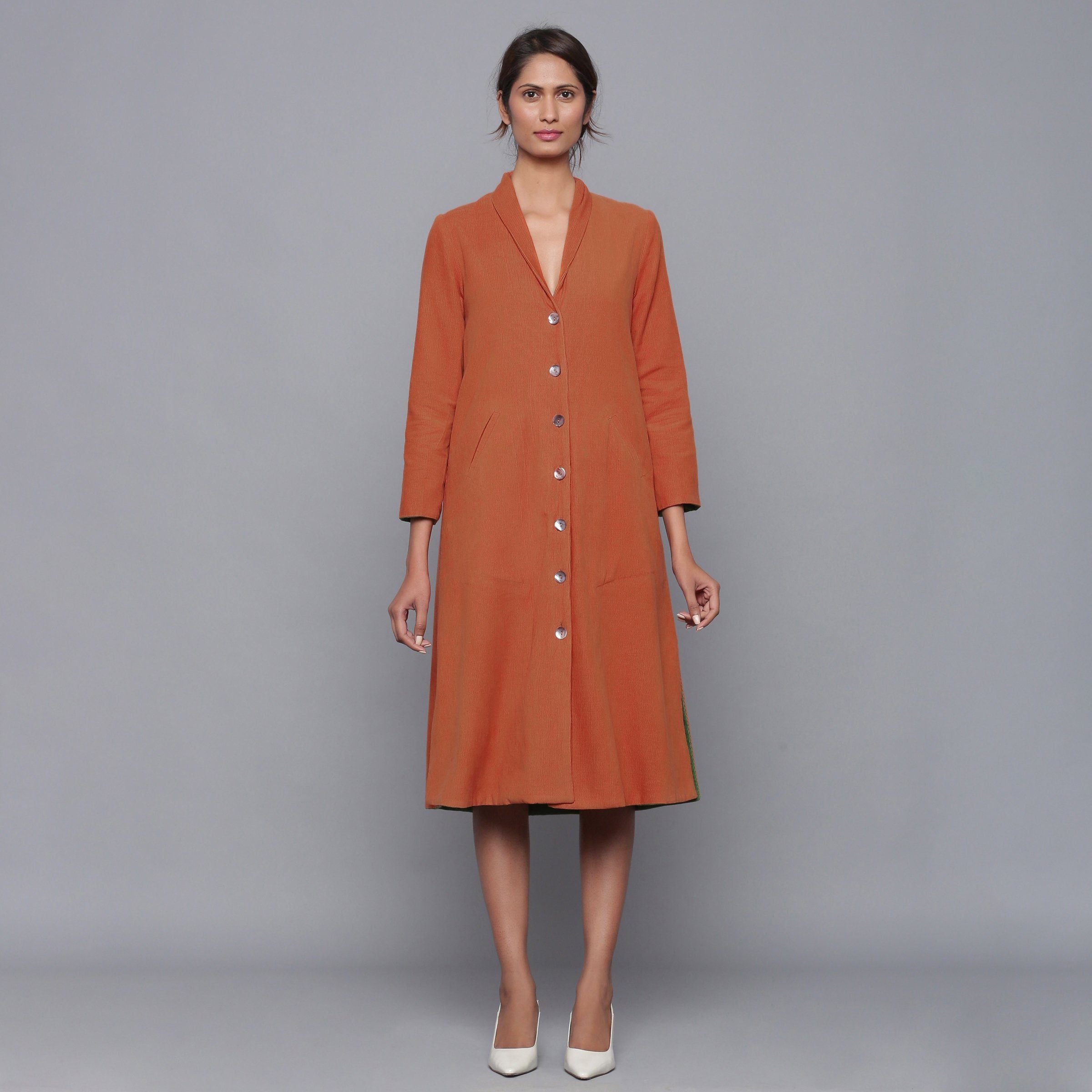 Front View of a Model wearing Reversible Convertible Corduroy Button Down Jacket Dress