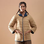 Front View of a Model wearing Blue Reversible Detachable Quilted Cotton Hoodie Jacket