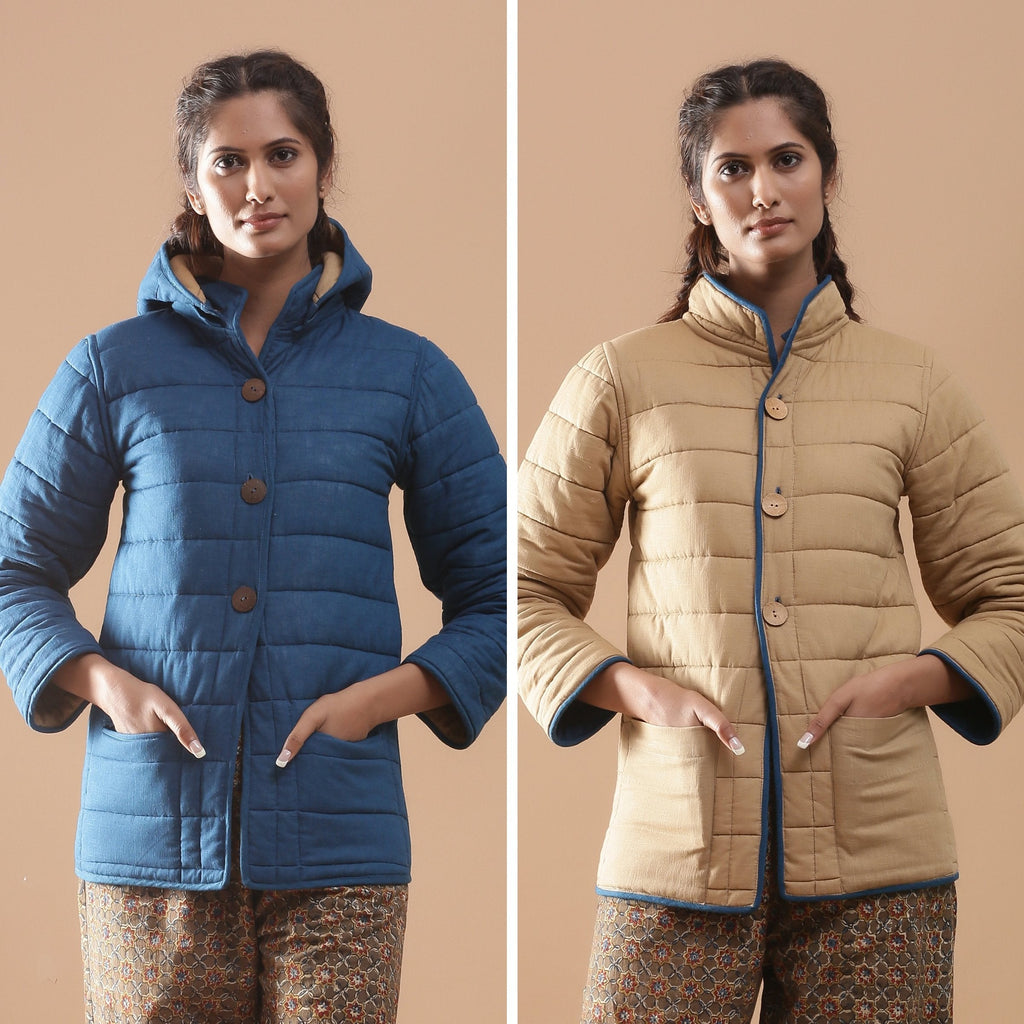 Front View of a Model wearing Blue Reversible Detachable Quilted Cotton Hoodie Jacket