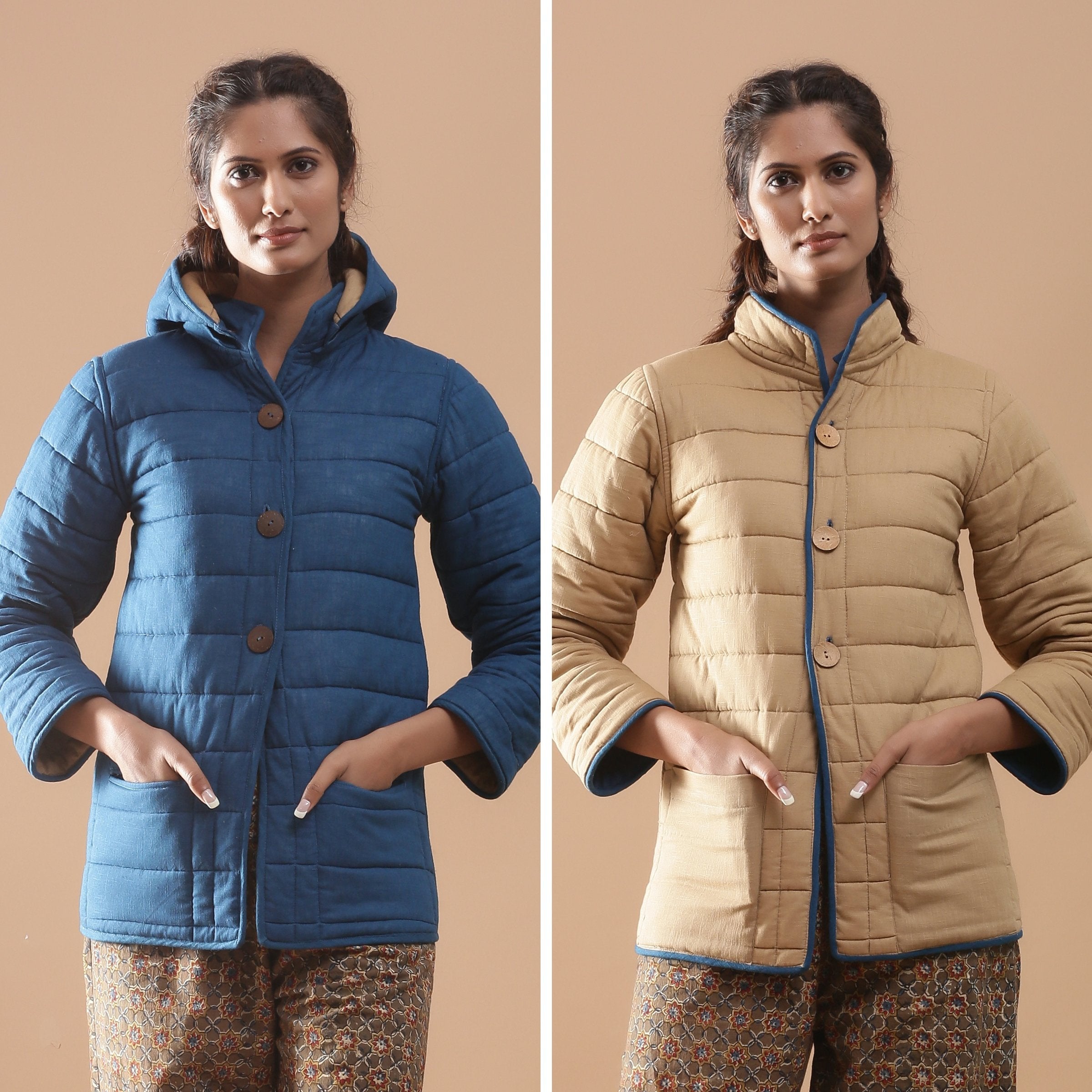 Front View of a Model wearing Blue Reversible Detachable Quilted Cotton Hoodie Jacket