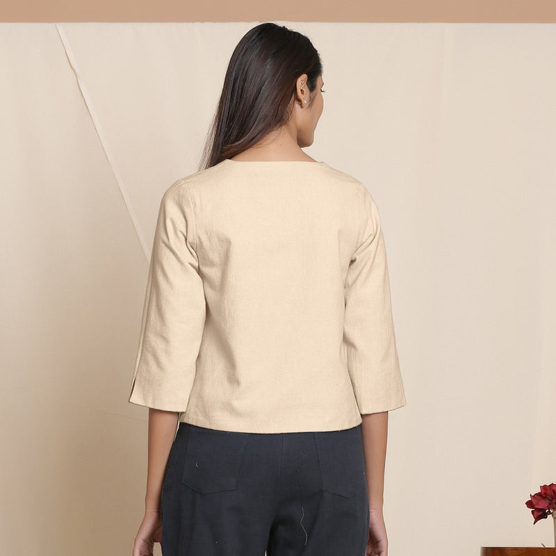 Back View of a Model wearing Reversible Dusk Beige Warm Flannel Button-Down Top