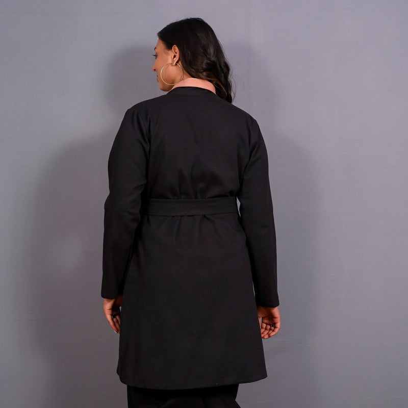 Back View of a Model wearing Reversible English Rose and Black Warm Cotton Flannel Front Open Overlay Coat