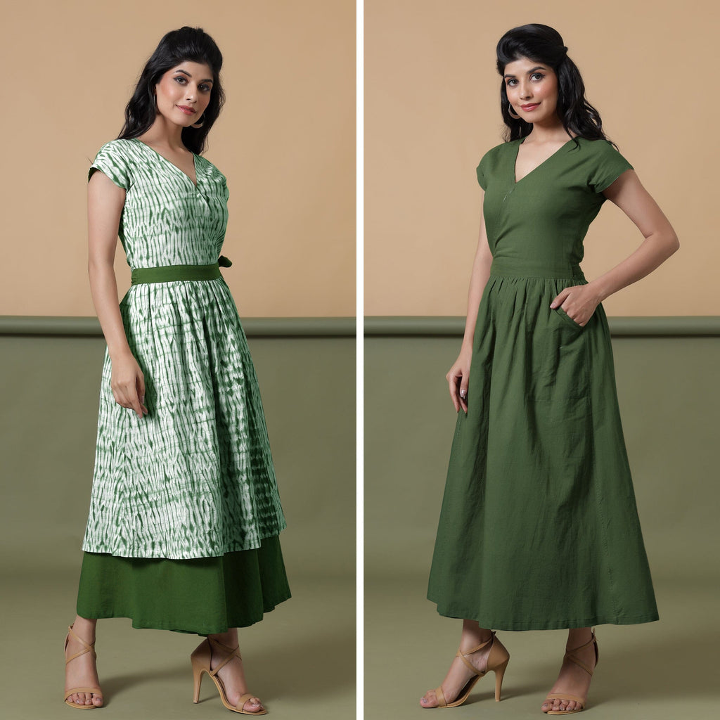 Front View of a Model wearing Reversible Forest Green Tie-Dye Cotton Maxi Wrap Dress