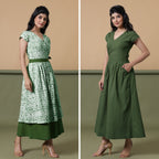 Front View of a Model wearing Reversible Forest Green Tie-Dye Cotton Maxi Wrap Dress