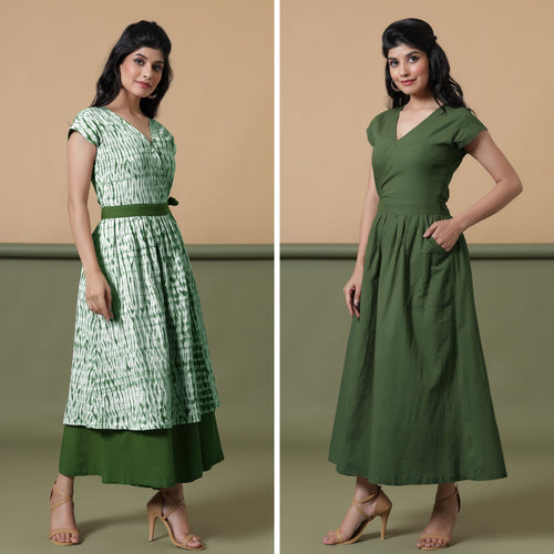 Front View of a Model wearing Reversible Forest Green Tie-Dye Cotton Maxi Wrap Dress