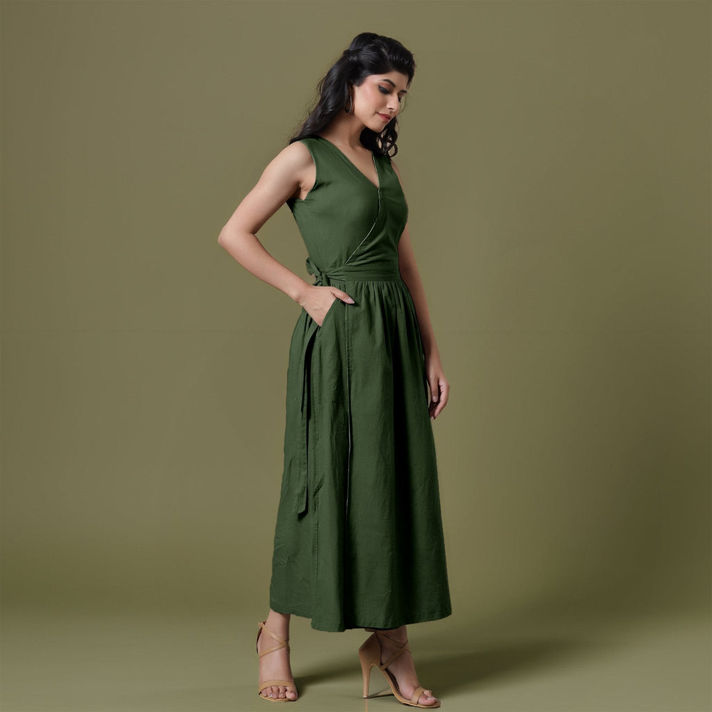 Reversible Forest Green Tie-Dye Cotton V-Neck Sleeveless Maxi Wrap Dress