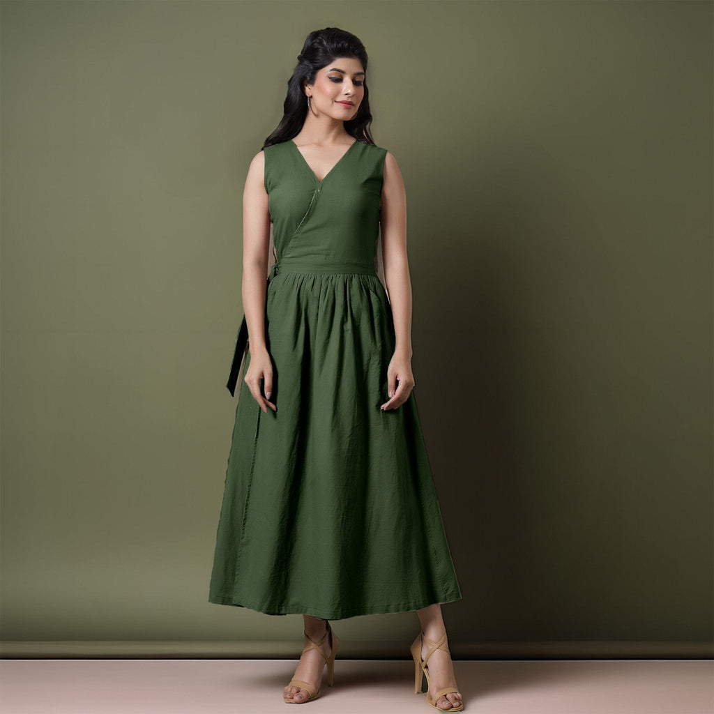 Reversible Forest Green Tie-Dye Cotton V-Neck Sleeveless Maxi Wrap Dress