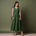 Reversible Forest Green Tie-Dye Cotton V-Neck Sleeveless Maxi Wrap Dress