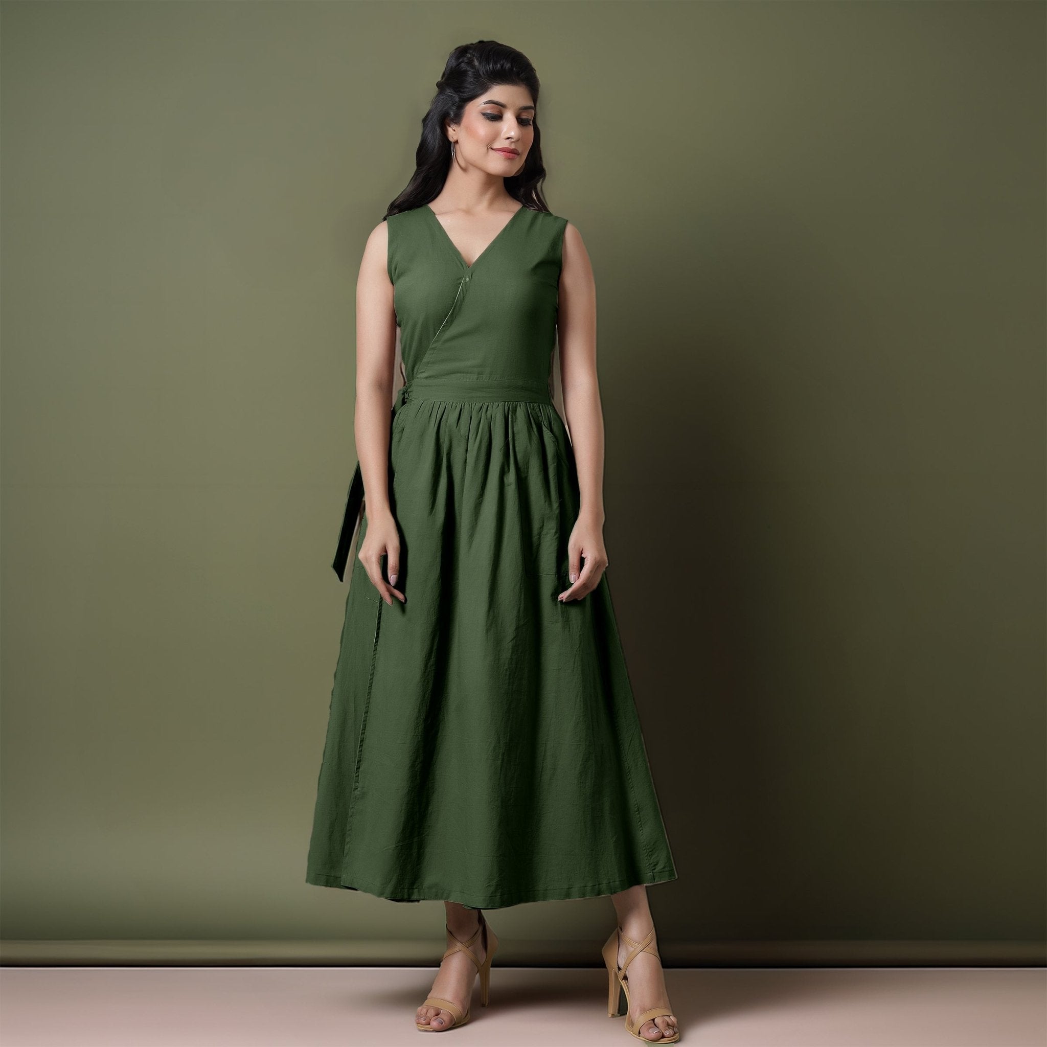 Reversible Forest Green Tie-Dye Cotton V-Neck Sleeveless Maxi Wrap Dress