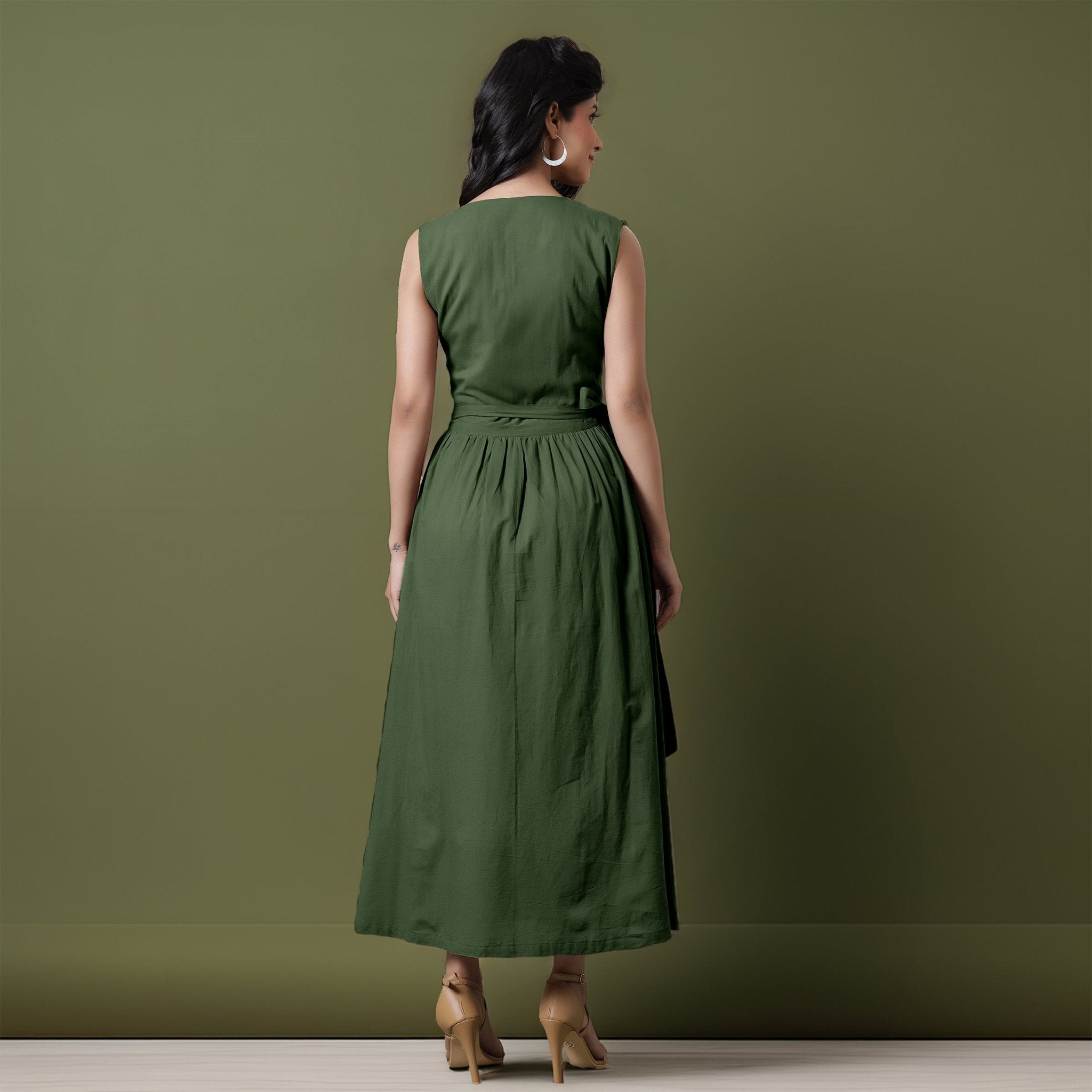 Reversible Forest Green Tie-Dye Cotton V-Neck Sleeveless Maxi Wrap Dress