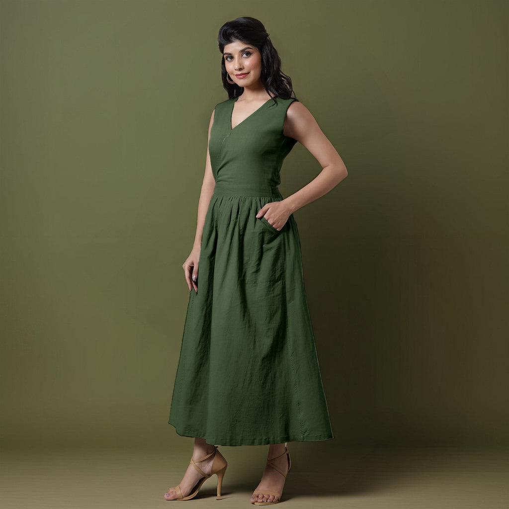 Reversible Forest Green Tie-Dye Cotton V-Neck Sleeveless Maxi Wrap Dress