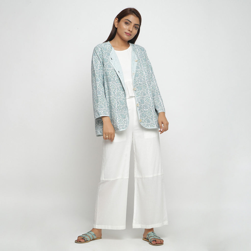 Front View of a Model wearing Reversible Block Print Green Cotton Outerwear