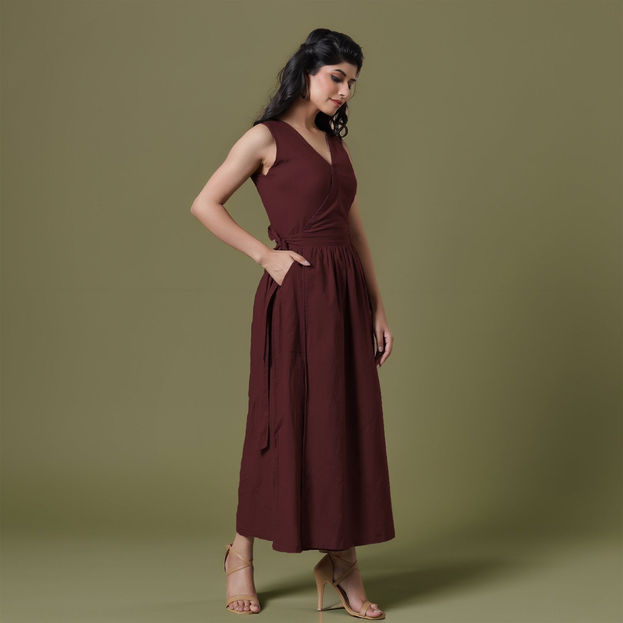 Reversible Maroon Tie-Dye Cotton V-Neck Sleeveless Maxi Wrap Dress