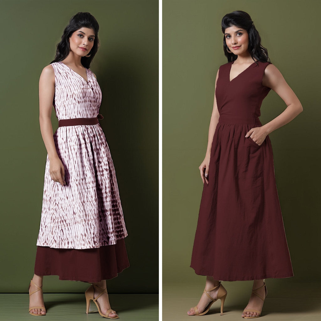 Reversible Maroon Tie-Dye Cotton V-Neck Sleeveless Maxi Wrap Dress