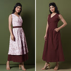 Reversible Maroon Tie-Dye Cotton V-Neck Sleeveless Maxi Wrap Dress