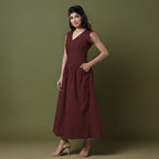 Reversible Maroon Tie-Dye Cotton V-Neck Sleeveless Maxi Wrap Dress
