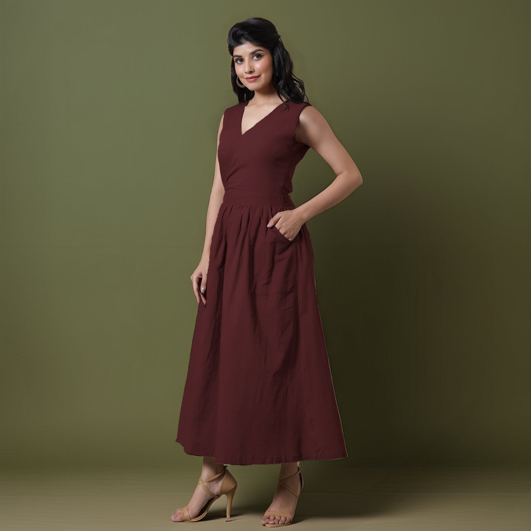 Reversible Maroon Tie-Dye Cotton V-Neck Sleeveless Maxi Wrap Dress
