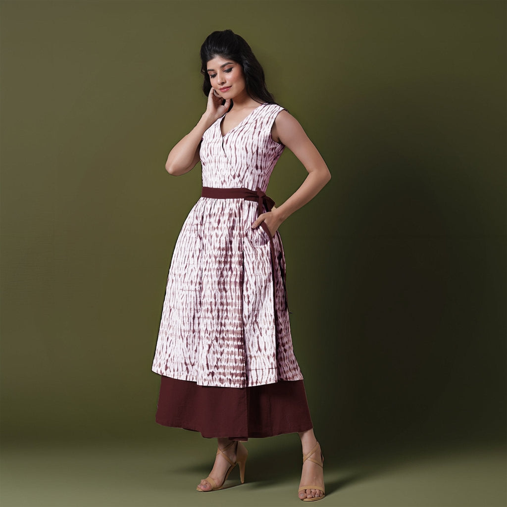 Reversible Maroon Tie-Dye Cotton V-Neck Sleeveless Maxi Wrap Dress