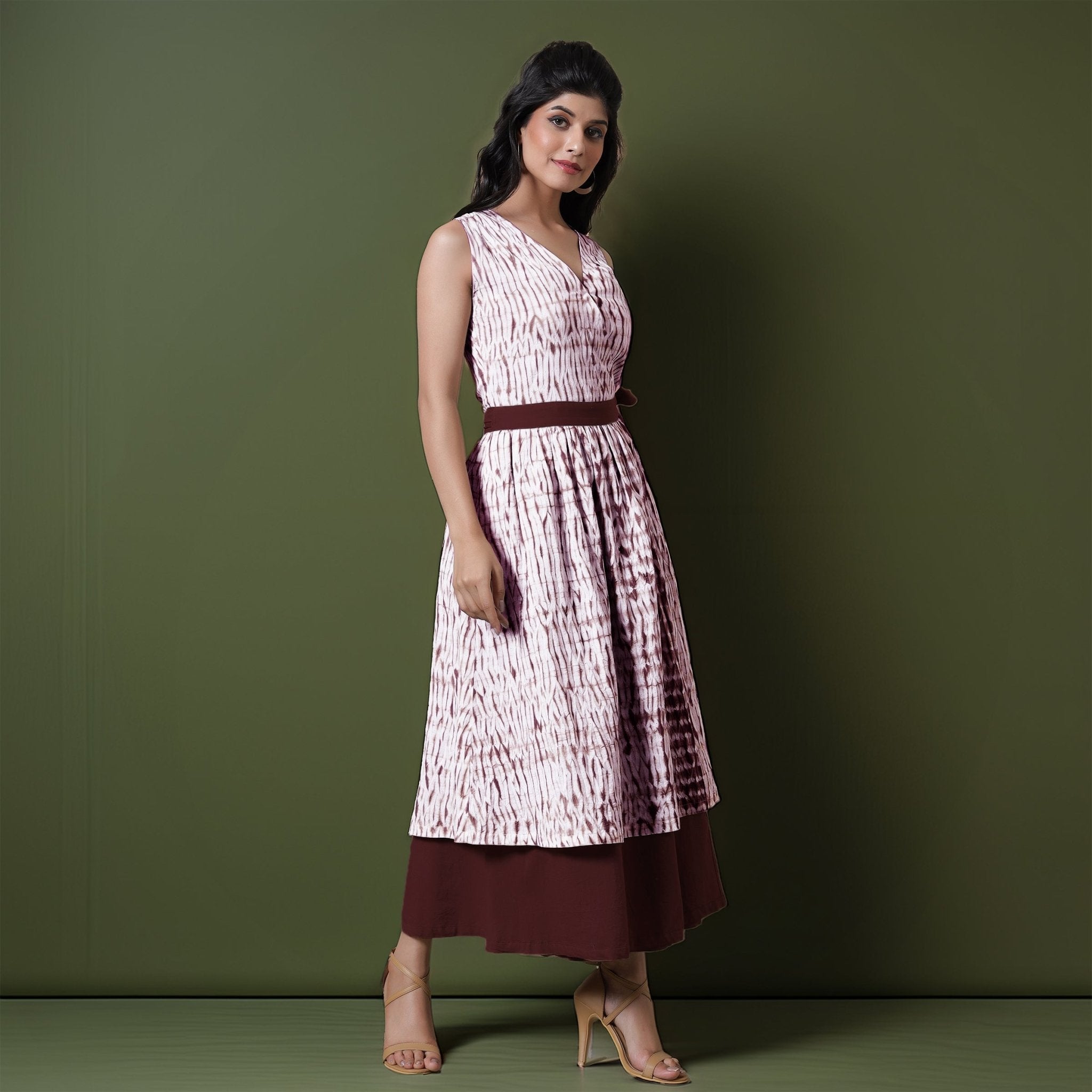 Reversible Maroon Tie-Dye Cotton V-Neck Sleeveless Maxi Wrap Dress