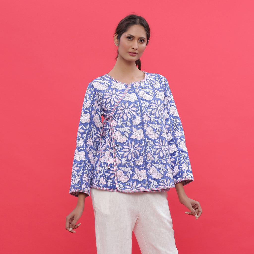 Front View of a Model wearing Reversible Block Print Quilted Cotton Short Jacket