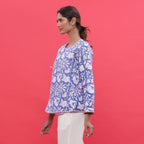 Left View of a Model wearing Reversible Block Print Quilted Cotton Short Jacket