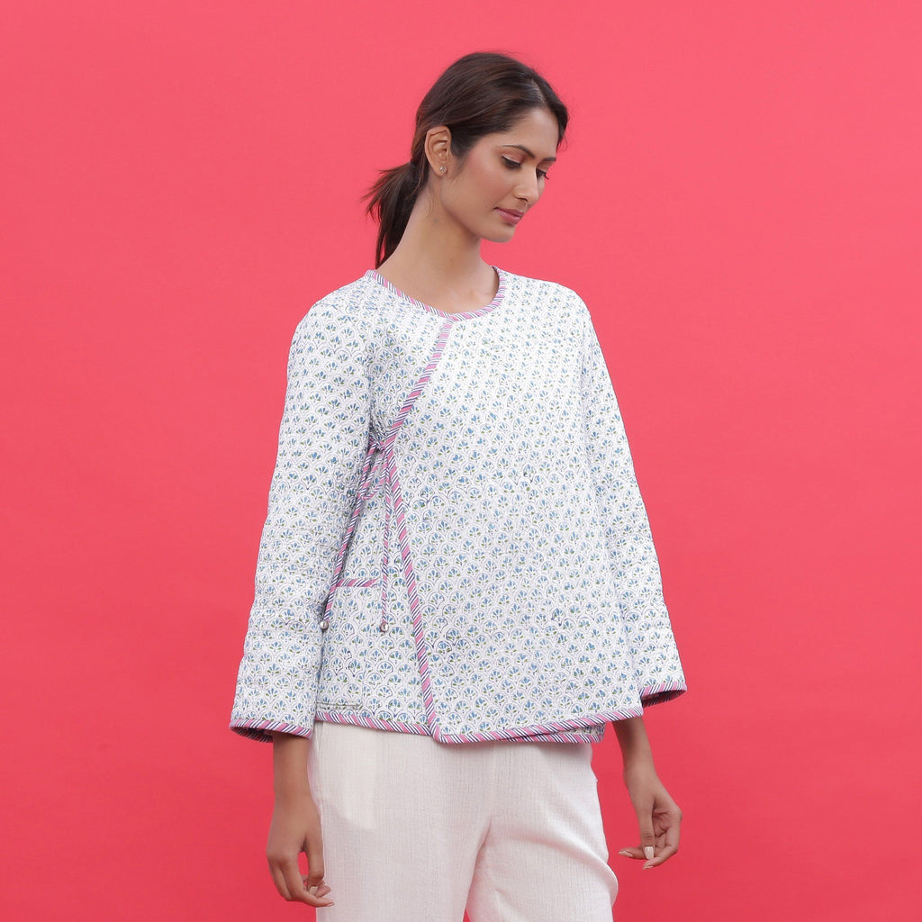 Right View of a Model wearing Reversible Block Print Quilted Cotton Short Jacket