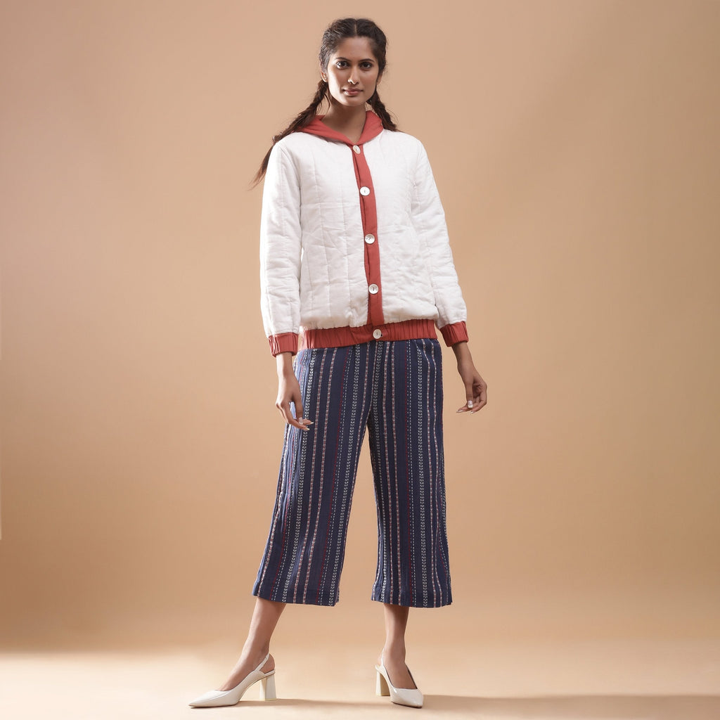 Front View of a Model wearing Reversible Warm Cotton Quilted Bomber Hoodie Jacket