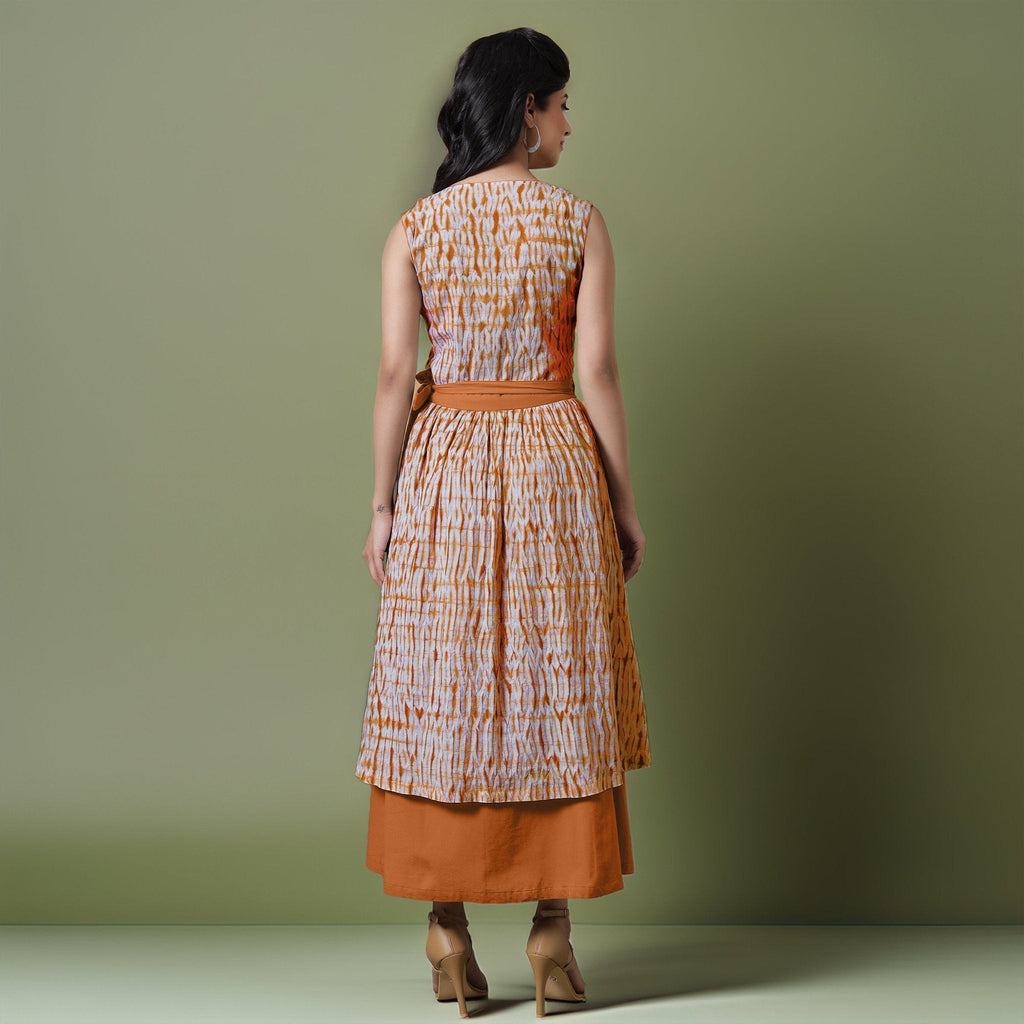 Reversible Rust Orange Tie-Dye Cotton V-Neck Sleeveless Maxi Wrap Dress