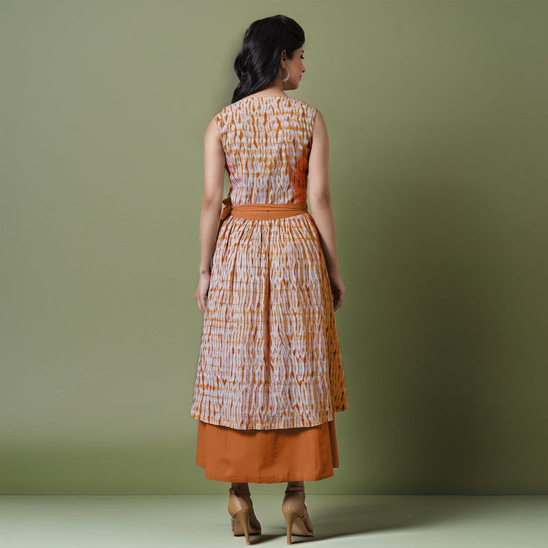 Reversible Rust Orange Tie-Dye Cotton V-Neck Sleeveless Maxi Wrap Dress