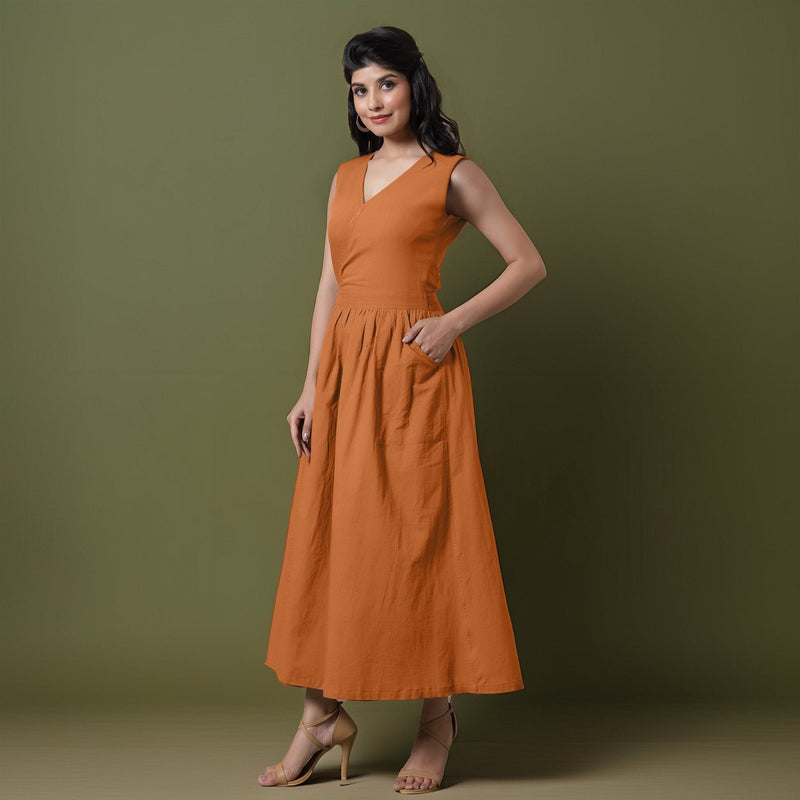 Reversible Rust Orange Tie-Dye Cotton V-Neck Sleeveless Maxi Wrap Dress