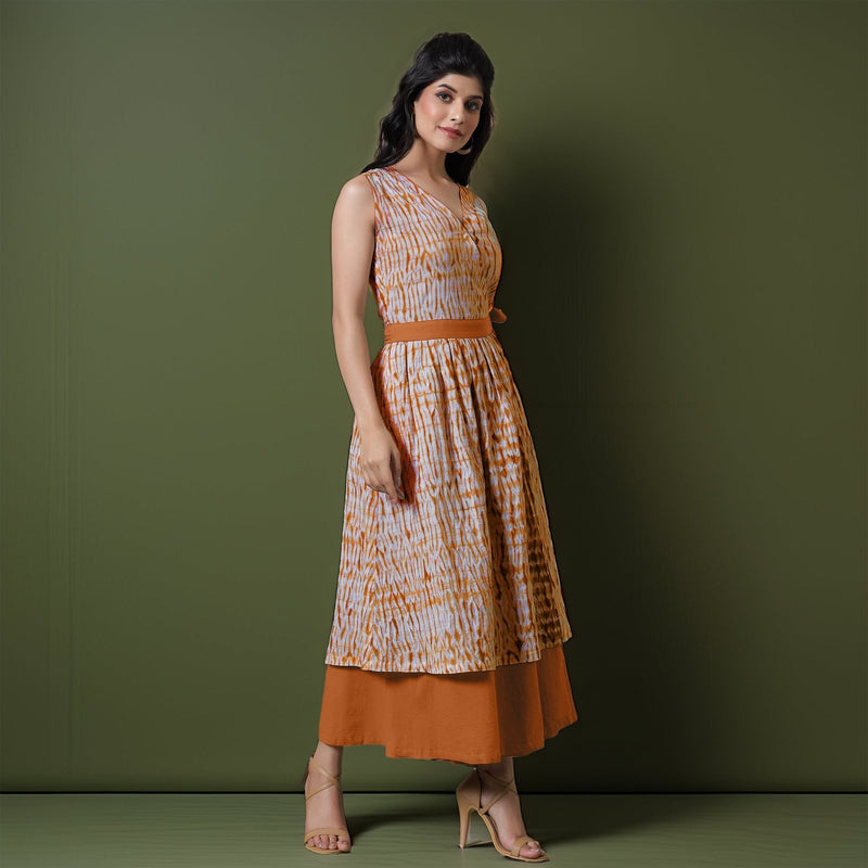 Reversible Rust Orange Tie-Dye Cotton V-Neck Sleeveless Maxi Wrap Dress