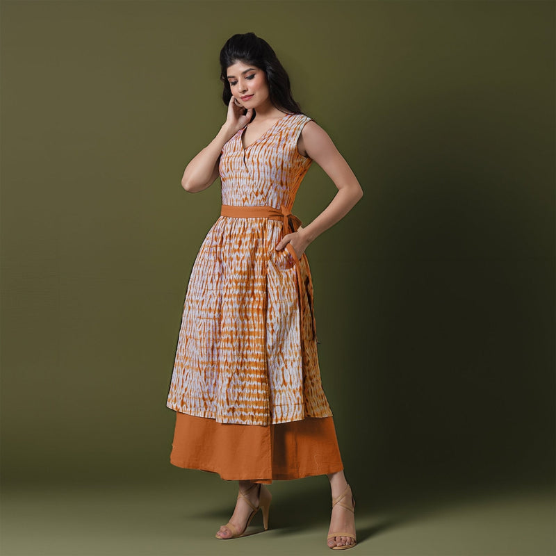 Reversible Rust Orange Tie-Dye Cotton V-Neck Sleeveless Maxi Wrap Dress